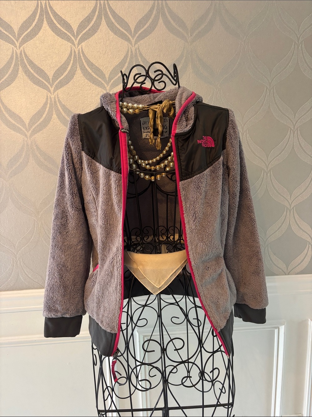 The North Face Gray Teddy Fleece Jacket with Pink Trim